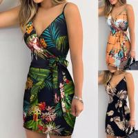 Ready Stock Women Casual Skirts V Neck Leaf Print Mini Summer Dress Women Spaghetti Strap Casual Holiday Beach Dress Women Skirts