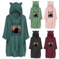 HOT14★Womens Drawstring Cute Print Big Size Long Hooded Pockets Cat Ear Pullover Top Drawstring Top Long Cotton Hoodie