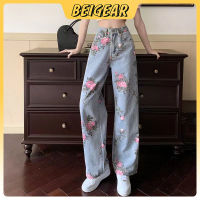 Beigear 2023 New Retro Womens Rose Print Jeans Loose High Waist Straight Wide Leg Pants