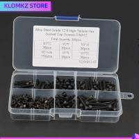 KLOMKZ 300Pcs เหล็กอัลลอยเกรด12.9 สกรูหัวจม สีดำสีดำ 6mm/8mm/12mm/16mm/20mm สกรูหัวจมหกเหลี่ยม พร้อมกล่องเก็บของ ชุดน็อตและสลักเกลียว อุตสาหกรรมเครื่องจักรพิเศษ