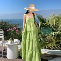 The seaside resort sanya dress of dress of French green wide shoulder straps a word female summer beach dress fairy