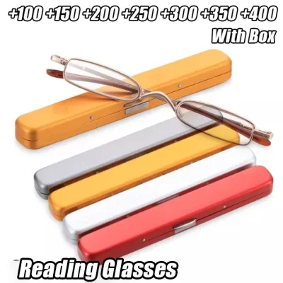 แว่นตาอ่านหนังสือพร้อมปากกาเคสหลอดแบบพกพาแว่นสายตาผู้สูงอายุเคสโลหะบานพับสปริงการดูแลสายตา + 1.00 ~ + 4.0
