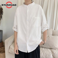 KYUSHUAD เสื้อยืดสตรีพิมพ์ลายลำลองผู้ชายสไตล์ญี่ปุ่นแขนสามส่วนเสื้อเชิ้ตสีทึบหลวม