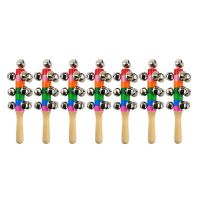 7 Pcs Wooden Hand Bells, Rainbow Jingle Bells Stick Handle Musical Shaker Rattle for Boys and Girls