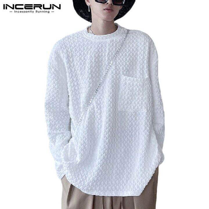 incerun-เสื้อยืดลําลองแฟชั่นสําหรับผู้ชายแขนยาวคอกลมทรงหลวม