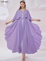 Rhinestone Tape Trim Belted Kaftan สีทึบ V คอผีเสื้อแขน Slim Dress แฟชั่น Asymmetric Hem สุภาพสตรี Dresses