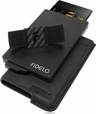 Fidelo Minimalist Wallet for Men - Slim Credit Card Holder RFID Mens Wallets Black Aluminum