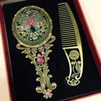 Make Up Mirror Chinese Vintage Hollow-out Carving Rhinestone Mirror Comb Set -15