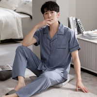 Spot MenS Pajamas Summer Cotton Short -Sleeved Long Trousers Home Service Thin All