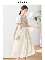 Vimly Contrast Striped Summer Midi Dresses for Women 2023 Fashion Drawstring Short Lantern Sleeve Swing Dresses Womens Clothes