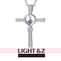 LIGHT &amp; Z ใหม่ cross ฝัง zircon จี้ยุโรปและอเมริกาชุบ 925 เงินรูปหัวใจ birthstone สร้อยคอหลายสี