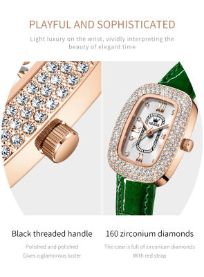 OLEVS 9940ใหม่สุภาพสตรีนาฬิกาควอตซ์หรูหราเต็มเพชรหน้าปัดกันน้ำสายหนังสีเขียวแฟชั่นนาฬิกาควอตซ์สตรี
