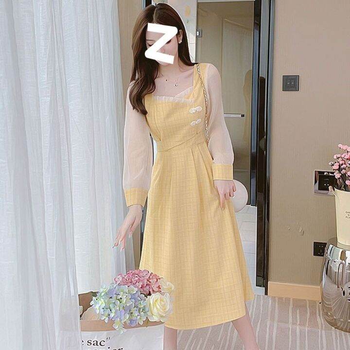 Yellow dress improved version of cheongsam dress women's spring dress in 2023 fairy waist
