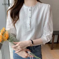 AMMIN elegant and sweet temperament short-sleeved white embroidery crocheted hollow stand collar lace blouse women