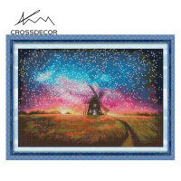 CrossDecor ปักครอสติชรูปแบบและชุด Dmc ประทับก่อนพิมพ์ภูมิทัศน์รูปแบบเย็บปักถักร้อย DIY แฮนด์เมดผ้าฝ้ายชุดด้ายตกแต่งบ้านหัตถกรรม-กังหันลมและพระอาทิตย์ตก