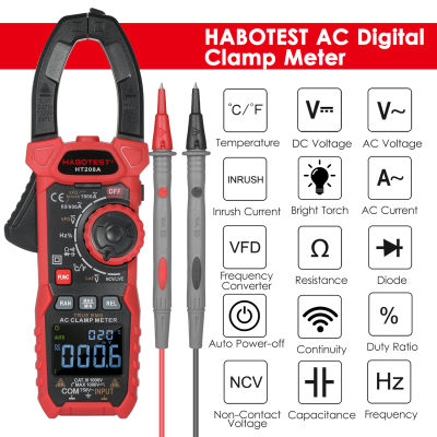 HABOTEST AC Digital Clamp Meter True-RMS Multimeter Anto-Ranging Multi Tester Current Clamp Amp Volt Ohm Diode Capacitance Resistance Continuity NCV Temperature Duty Ratio VFD Tests