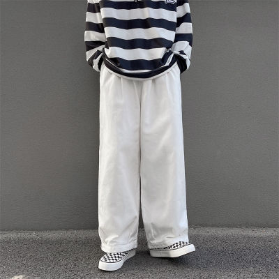Streetwear สีขาวสีขาวถุงกางเกงผู้ชายแฟชั่นญี่ปุ่นหลวมขากว้างกางเกงสีทึบฮิปฮอปฮาราจูกุกางเกงขาตรง