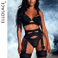 Ellolace เซ็กซี่ Goth ชุดชั้นในสตรีชุดชั้นใน Hollow Out สีดำ Exotic 3ชิ้นชุดการตั้งค่าสุภาพสตรี Underwire Bilizna ชุด