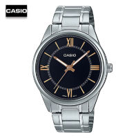 Velashop นาฬิกาข้อมือผู้ชายคาสิโอ Casio Standard สายสแตนเลสสีเงิน หน้าปัดดำ รุ่น MTP-V005D-1B5UDF, MTP-V005D-1B5, MTP-V005D