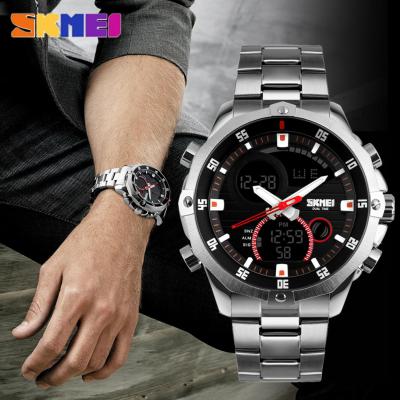 SKMEI นาฬิกาควอทซ์นักธุรกิจผู้ชายสแตนเลส,นาฬิกากันน้ำจอแสดงผลคู่นำปลุกนาฬิกาข้อมือดิจิตอลกีฬา1146