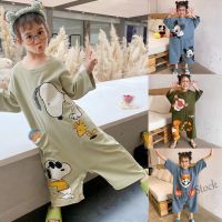 【Ready Stock】 ✔♚ C22 [Ready stock]Childrens one-piece pajamas cotton girls fall sleeves baby anti-kicking and knee-length loose pajamas