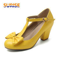 Plus ขนาด Sweet Mary Janes 7ซม. รองเท้าส้นสูงผู้หญิงปั๊มสีชมพูสีดำ Casual Office Lady รอบ Toe Bowtie T-สายคล้อง Lolita รองเท้า