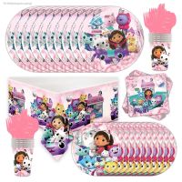 ▦ New Gabby Dollhouse Cats Birthday Decor Balloon Disposable Tableware Backdrop For Kids Gabby Doll House Figures Party Supplies