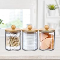 Qtip Holder Dispenser With Bamboo Lids Jars With Bamboo Lids Cotton Ball Pad Round Swab Storage For Bathroom Accessories Set