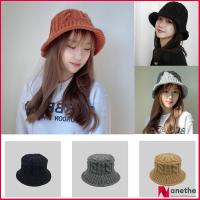 ANETHE สายถักสำหรับผู้หญิงในฤดูหนาว,สีทึบถัก Topi Bucket ลายทางหมวกชาวประมงถัก