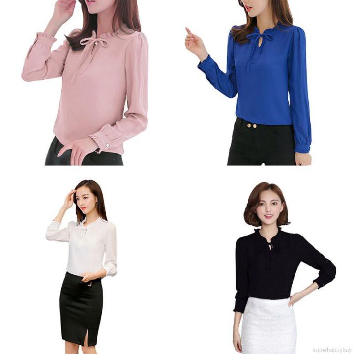 office-lady-stand-collar-elegant-chiffon-bow-blouses-tops