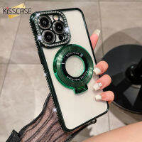 KISSCASE ไรน์สโตนระยิบระยับเคสโทรศัพท์แบบใสเคลือบสำหรับ iPhone 15 14 13 12 11 Pro Max 15 14 Plus พร้อมที่ยึด MagSafe ชาร์จไร้สายปกป้องเลนส์ TPU ป้องกันการตกฝาหลังสำหรับ Iphone 15 14 13 11