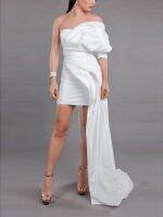 ☢▪✹ 3 New In Fashion White One-Shoulder Natural Sheath Above Knee/Mini Taffeta Evening Dresses/Brida Prom Gowns Pleats Free Shipping