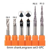 Dreanique 6pcs / lot End Mill CNC 6mm Shank Engraving Cutter Set เครื่องตัดคาร์ไบด์สําหรับงานไม้ Alunimiun Copper