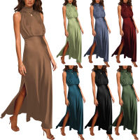 Spot parcel post 2023 Summer Womens Satin Stand Collar Dress European and American Fashionable Ladies Sleeveless Light Evening Dress Long Dress