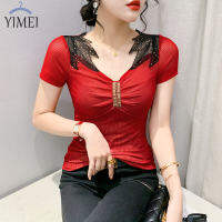 ➦YIMEI เสื้อยืดผู้หญิงสีแดงสวยสำหรับเทศกาล2023ฤดูร้อน,เสื้อแฟชั่นผ้าโปร่งแขนสั้นลูกไม้ร้อนแรงสำหรับดีไซน์ใหม่