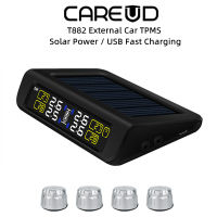 CAREUD T882-WF-S รถไร้สาย TPMS LCD แสดงยานพาหนะ TPMS ระบบตรวจสอบความดันลมยางพร้อมเซ็นเซอร์ภายนอก 4 ตัวชาร์จไฟแสงอาทิตย์ USB ได้อย่างรวดเร็ว