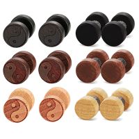 【YF】☂  WKOUD Mens 2PCS Wood Pierced Yin Yang Star Fake Gauges Tunnel Round Screw Stud Earrings