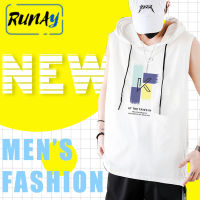 RUNAY เสื้อกั๊กแขนกุดมีฮู้ดผู้ชาย เสื้อยืดทรงหลวมสำหรับใส่ออกกำลังกายเล่นบาสเกตบอลกีฬา