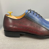 Men Genuine Cow Leather Oxford Shoes Blue and Red Stitching Lace Up Social Formal Wear Man Wedding Dress Office Pointed Toe Shoe