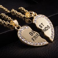 Unisex 2 Pcs BFF Necklace Women Crystal Heart Pendant Best Friend Letter Necklace Fashion Couple Necklace Men Friendship Jewelry