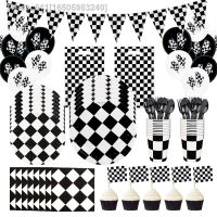 ✽◕❀ Black White Racing Car Theme Party Supplies Disposable Tableware Set Paper Plate Cups Boys Birthday Baby Shower Decorations