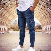 Water♤กางเกงยีนส์ Calças De Bolso Múltiplo Masculina ยืดรัดรูปฮิปฮอป Calça Rua Moda ลำลอง Todos Dias Nova