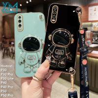 YiaMia เคสมือจับสำหรับโทรศัพท์มือถือนักบินอวกาศการ์ตูนน่ารักสำหรับ Huawei P30 P30โปร P30 Lite P40 P40โปร P50 P50โปรแฟชั่น6D ฝาครอบโทรศัพท์ TPU เคสนิ่มเคลือบอิเล็คโทรเพลทพร้อมสายคล้องคอ