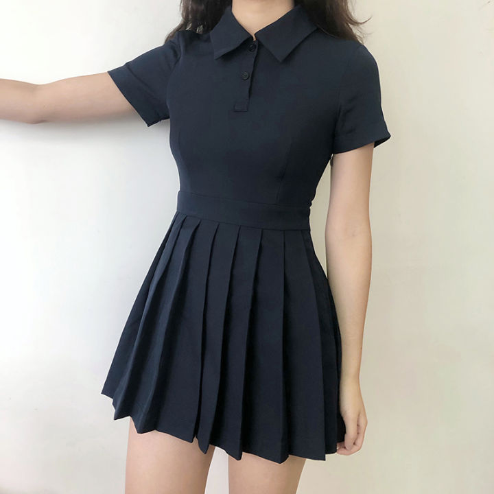 plus-size-short-sleeved-navy-dress-2021-new-summer-pleated-short-dresses-slim-high-waist-fashion-folds-casual-dress-for-women