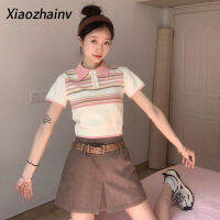 Xiaozhainv เสื้อยืดแขนสั้นคอโปโลแถบลายทางสีแตกต่างย้อนยุคเกาหลีสำหรับผู้หญิง