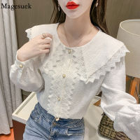 Autumn Long Sleeve Chiffon Shirt Female Fashion Big Lapel Lace Blouse Women Elegant Sweet White Loose Buttons Tops Blusas 17385