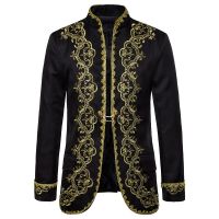 ZZOOI Mens Stylish Court Prince Gold Embroidery Blazers Hipster Slim Fit Blazer Suit Jacket Men Opera Stage Singer Prom Costume Homme