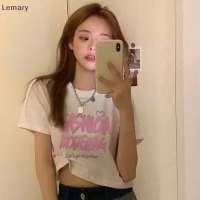 Lemary [2023แฟชั่นสุดฮอตใหม่] เสื้อผู้หญิงคอกลมจดหมายย้อนยุคเสื้อยืดพิมพ์ลายเสื้อแขนสั้นรัดรูปเสื้อครอป