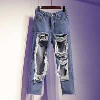【YD】 Xpqbb Hollow Out Ripped Jeans 2022 Personality Street Washed Holes Denim Pants Woman Waist Trousers