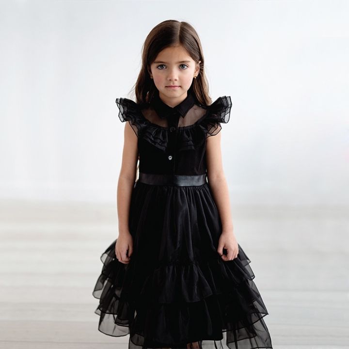 Fantasia Wandinha Wednesday Addams Cosplay Costumes Girls Mesh Dresses ...